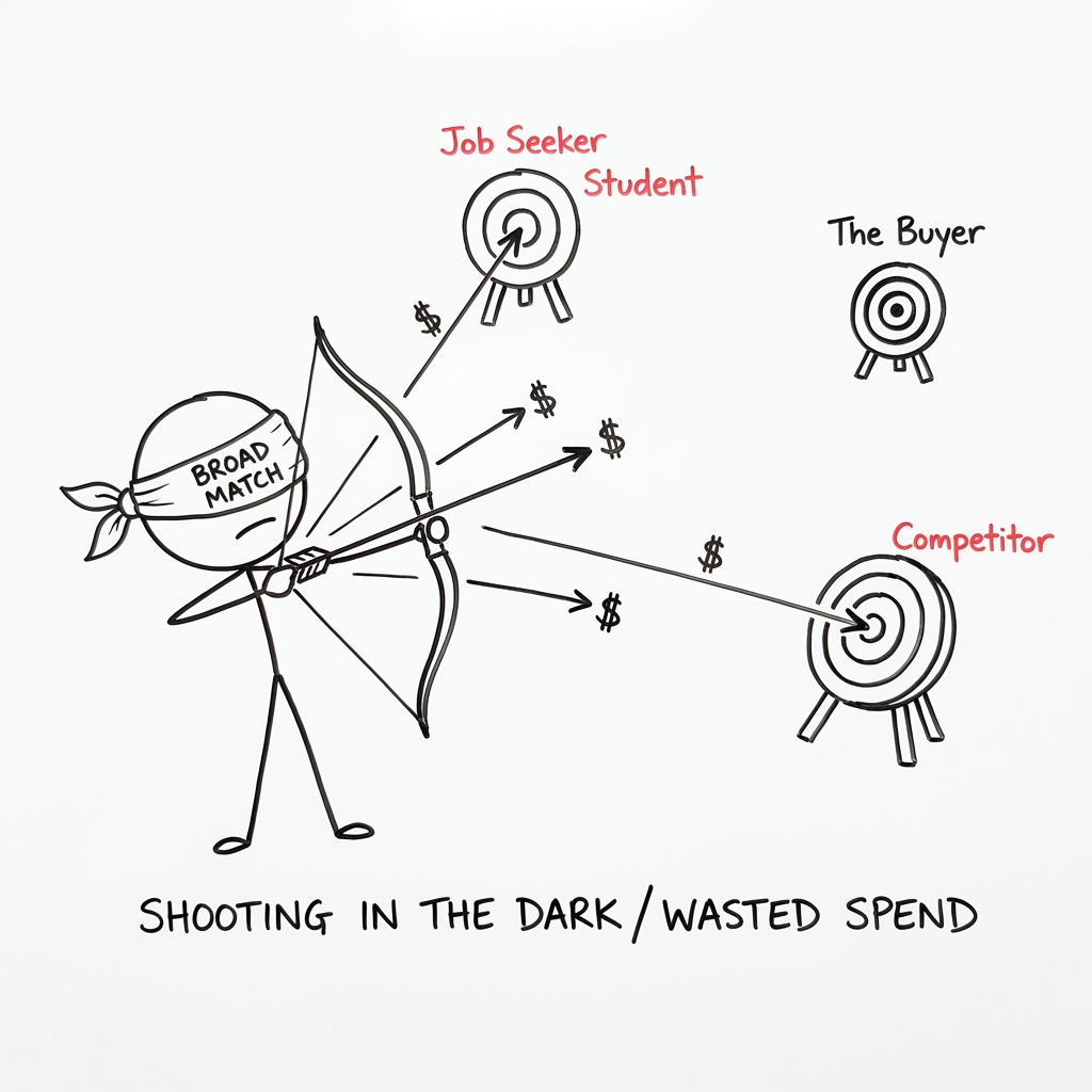 B2B Story Part 2: The Budget Drain. 'Broad Match' is a Blindfolded Archer shooting budget wildy at irrelevant targets like Job Seekers and Competitors, missing the Buyer.